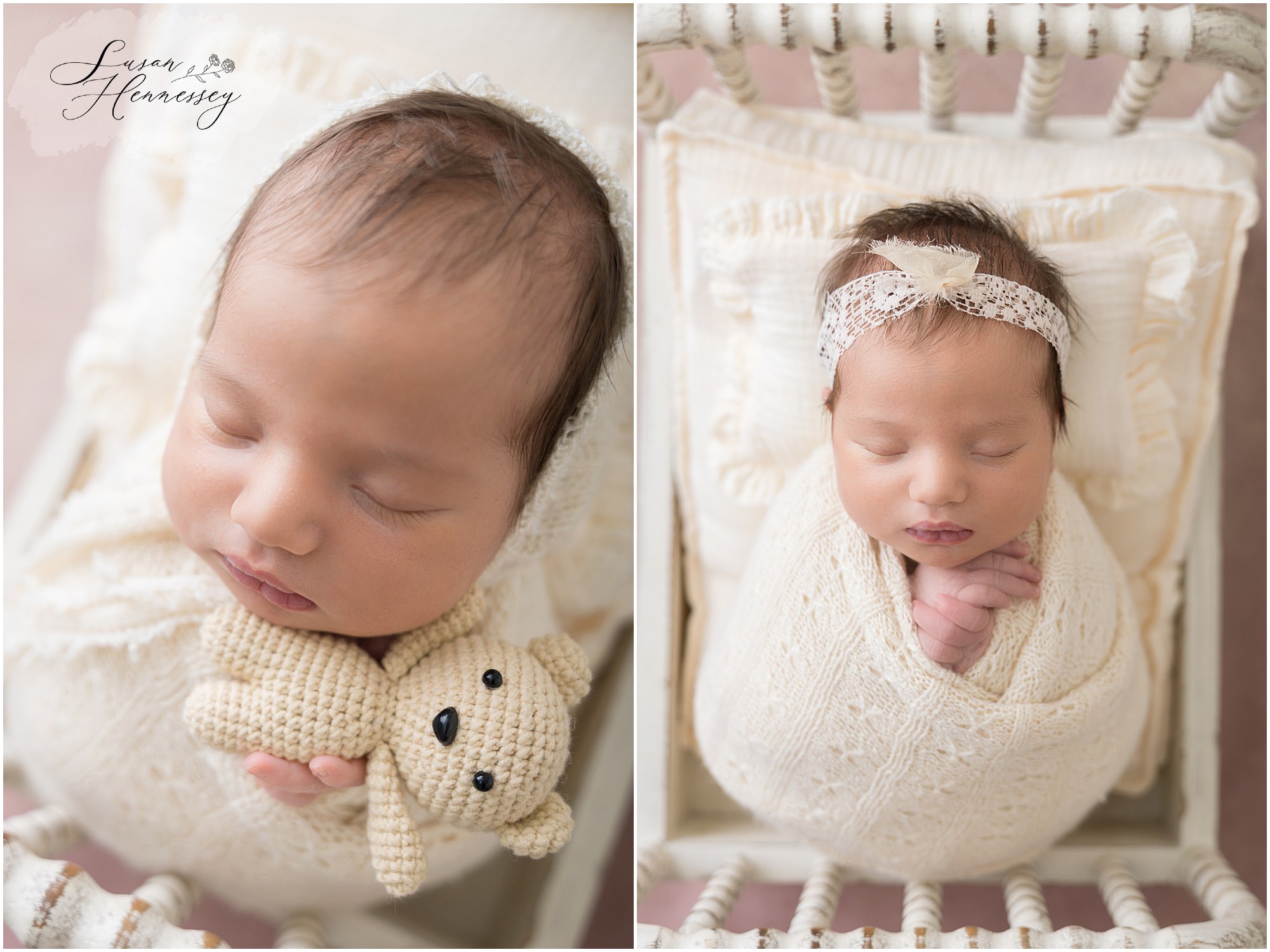 Neutral newborn photography featuring baby Colette in white and cream tones