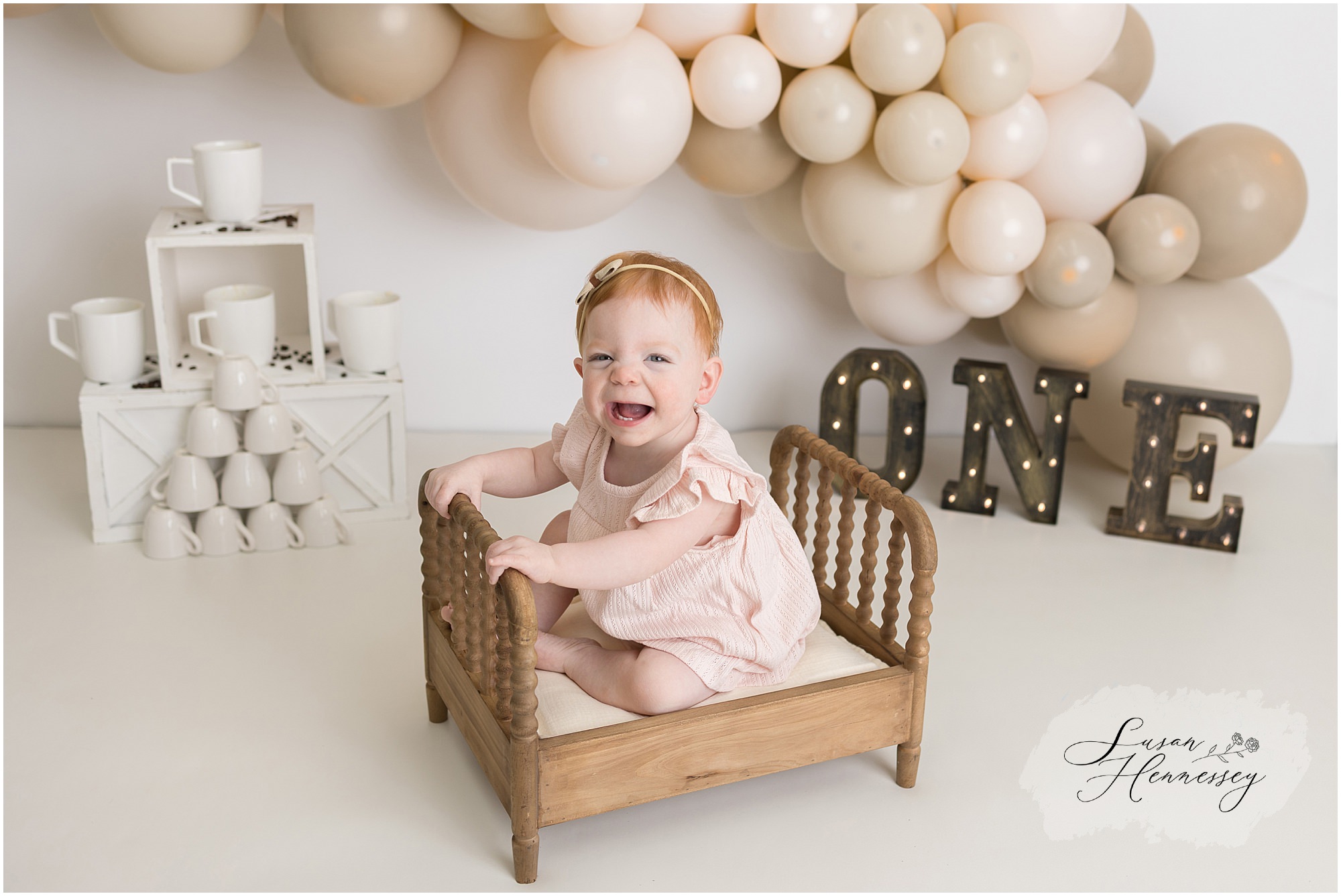 first birthday cake smash session baby girl coffee theme