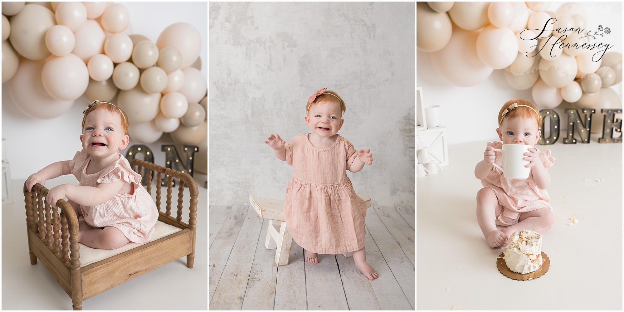 baby girl cake smash coffee cups theme first birthday session