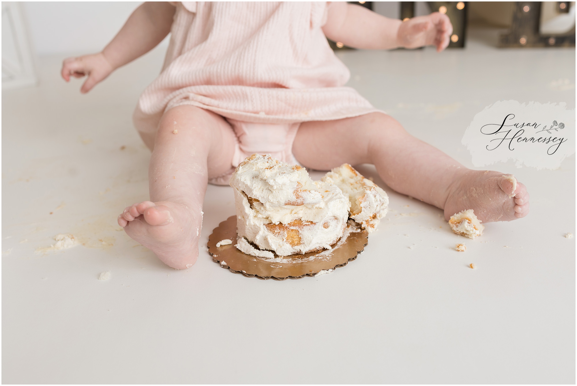 first birthday cake smash session neutral feminine baby setup