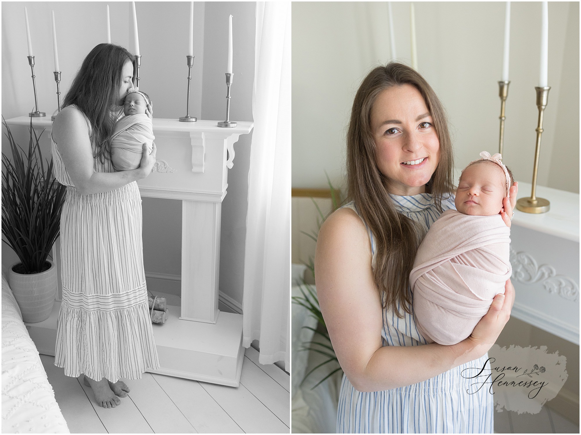 mother holding newborn baby girl in light and airy studio