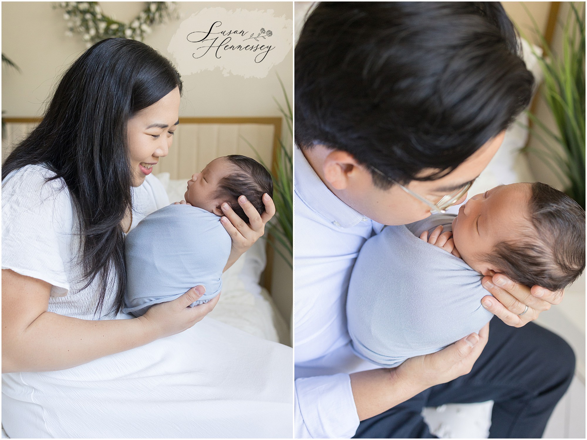 Father holding sleeping newborn baby in Moorestown NJ studio